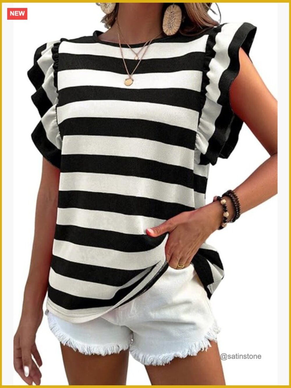 Polyester Blend Flutter Sleeve Tunic Top Casual Loose Fit Pullover